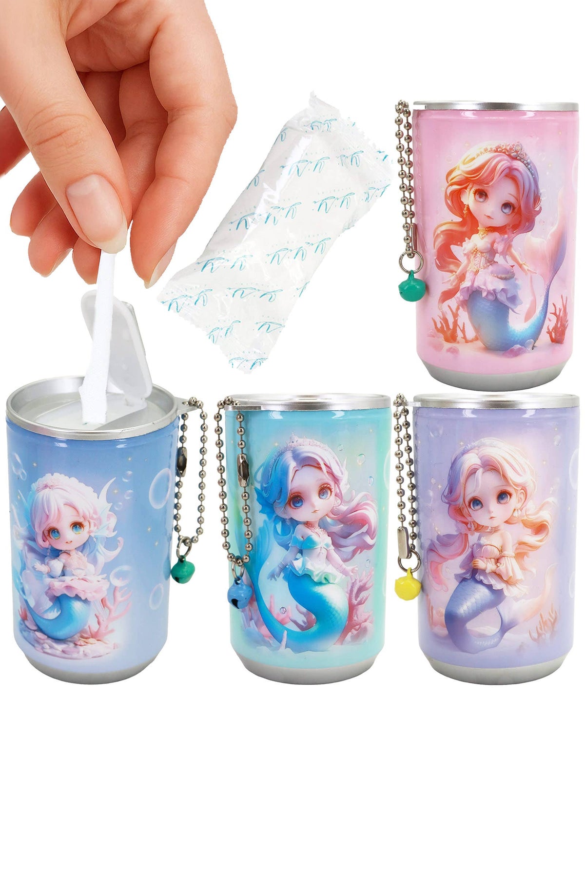 Cute Cartoon Mermaid Soda Pop Can Mini Wet Wipes Keychain: ASSORTED / ONE SIZE