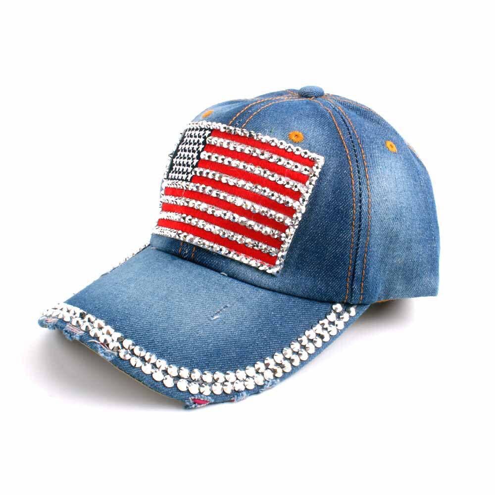 Fourth of July American flag rhinestones baseball cap: Mblue / M