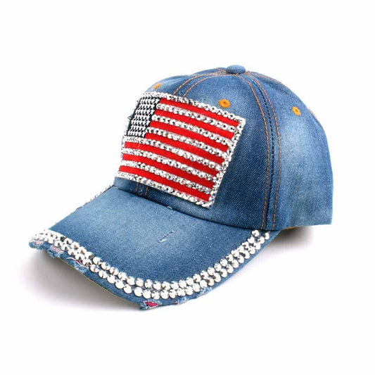 Fourth of July American flag rhinestones baseball cap: Mblue / M