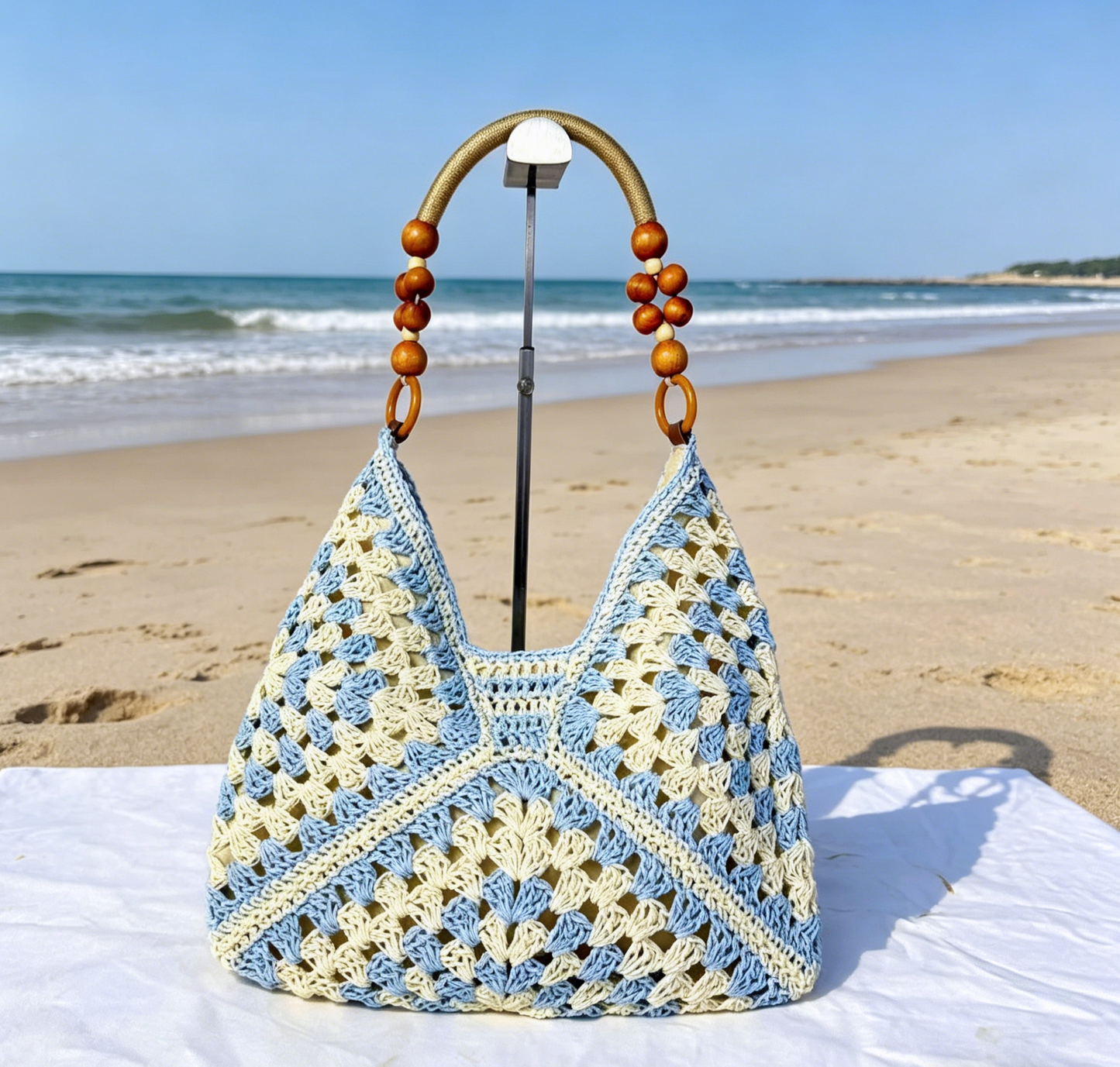 Crochet Straw Hobo Bag Bead Hollow Shoulder Bag: Khaki / M