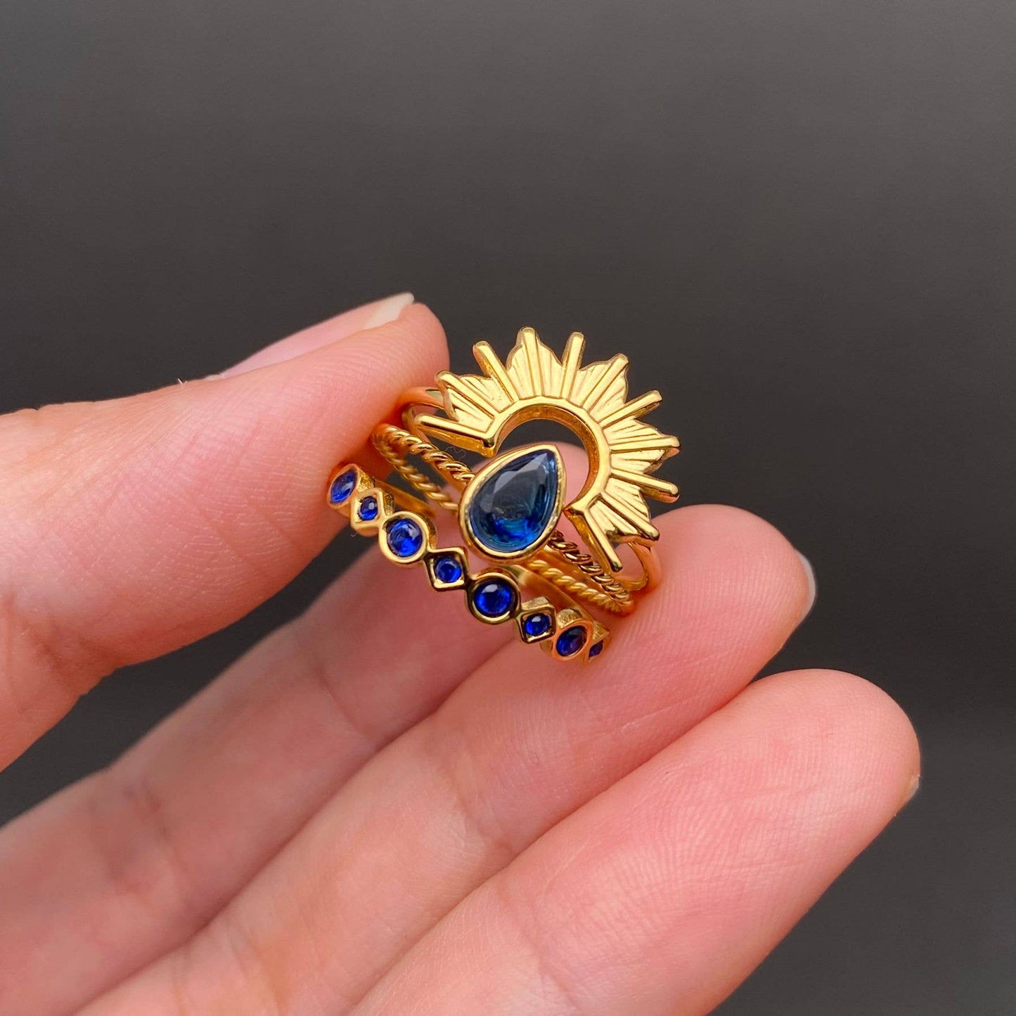 Blue Zircon 18K Gold Plated Stainless Steel Stack Ring - FGS