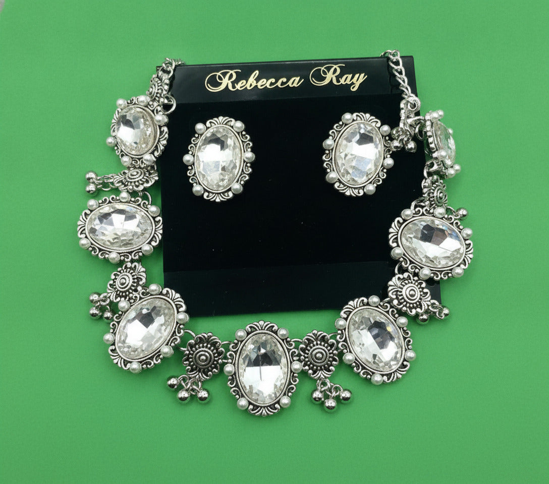 Rebecca Ray Vintage Style Clear Crystal Necklace & Earrings