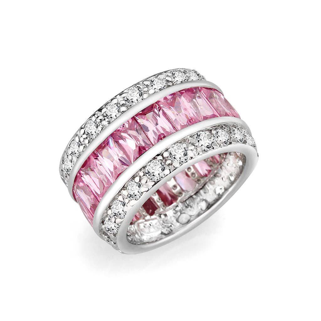 LO5W043- Rhodium Plated Brass Ring with CZ IN Pink: 5