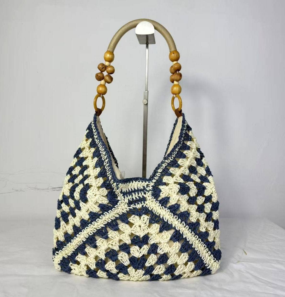 Crochet Straw Hobo Bag Bead Hollow Shoulder Bag: Khaki / M