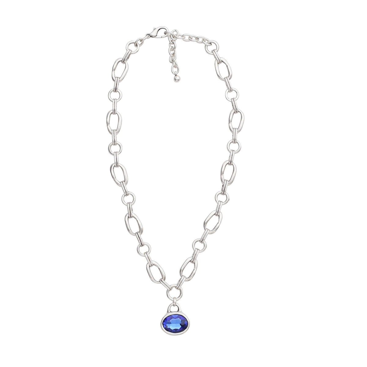 Handmade Blue Oval Crystal Pewter Necklace - 3933