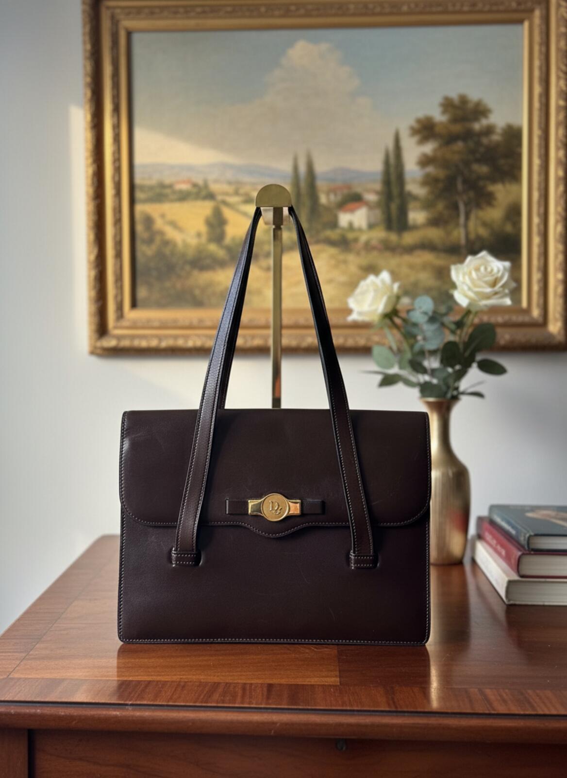 Christian Dior Brown Leather Tote with Gold-tone Hardware