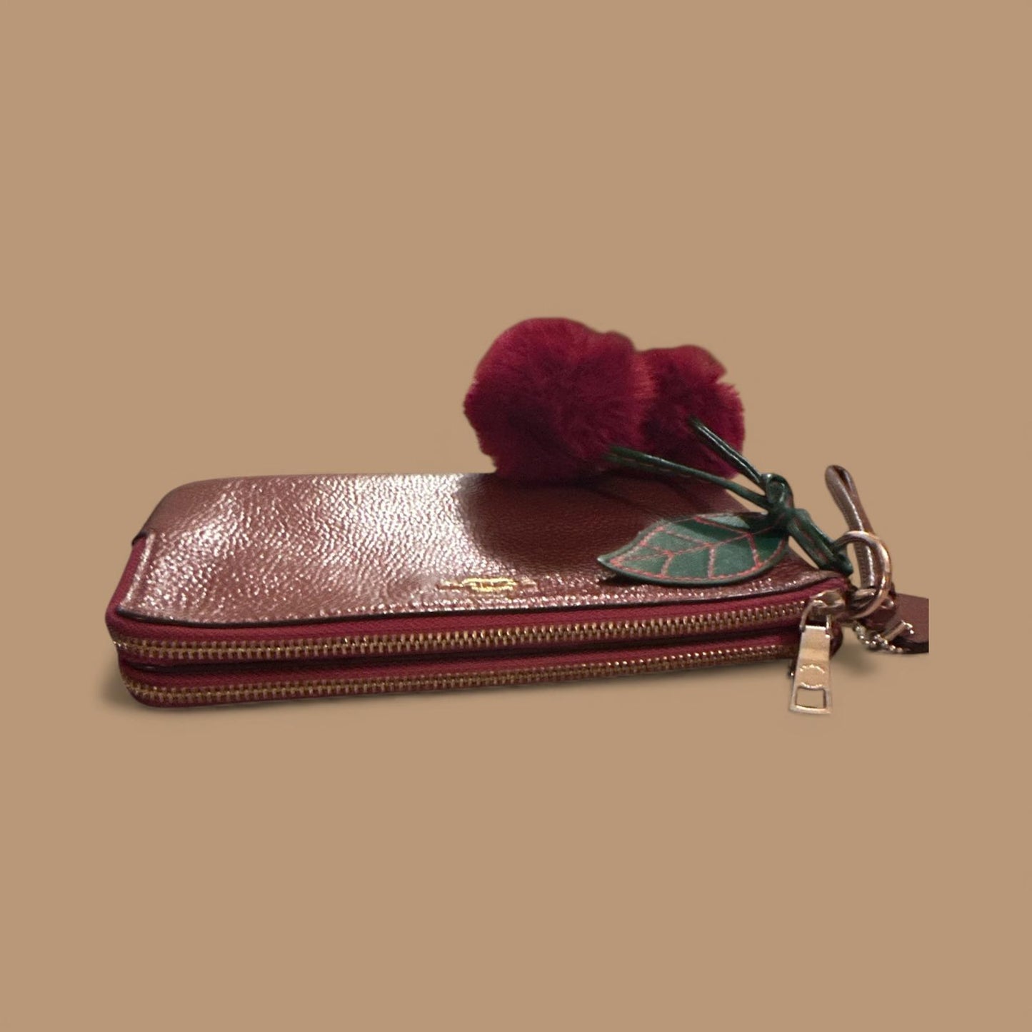 Coach Women's Leather Wristlet Clutch with Pom Pom Charm