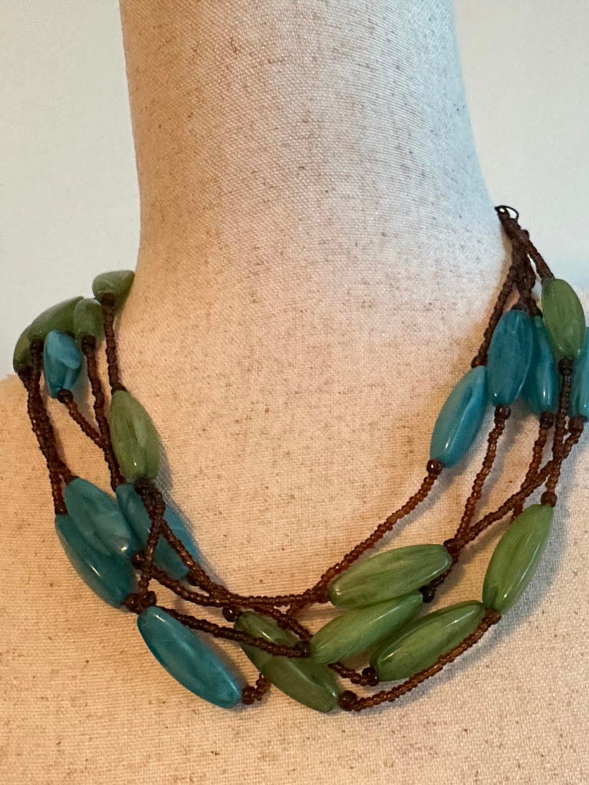 Multi-Strand Blue and Green Beaded Necklace