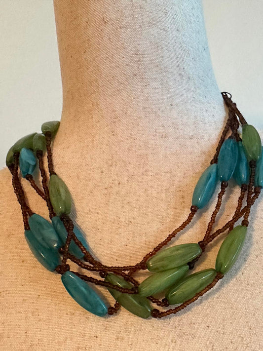 Multi-Strand Blue and Green Beaded Necklace