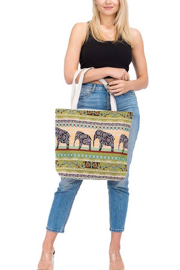 Boho Scenic Ethnic Lucky Elephant Woven Novelty Canvas Tote: Beige