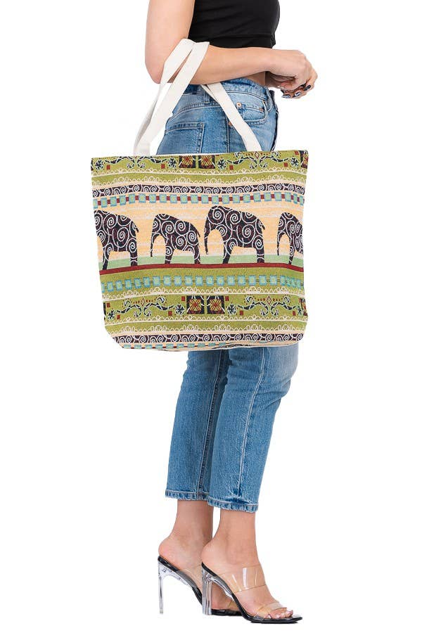 Boho Scenic Ethnic Lucky Elephant Woven Novelty Canvas Tote: Beige