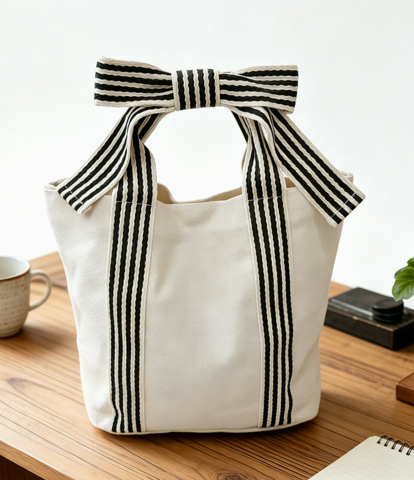 Striped Canvas Tote Bag Bow Handle Bag: Red / M