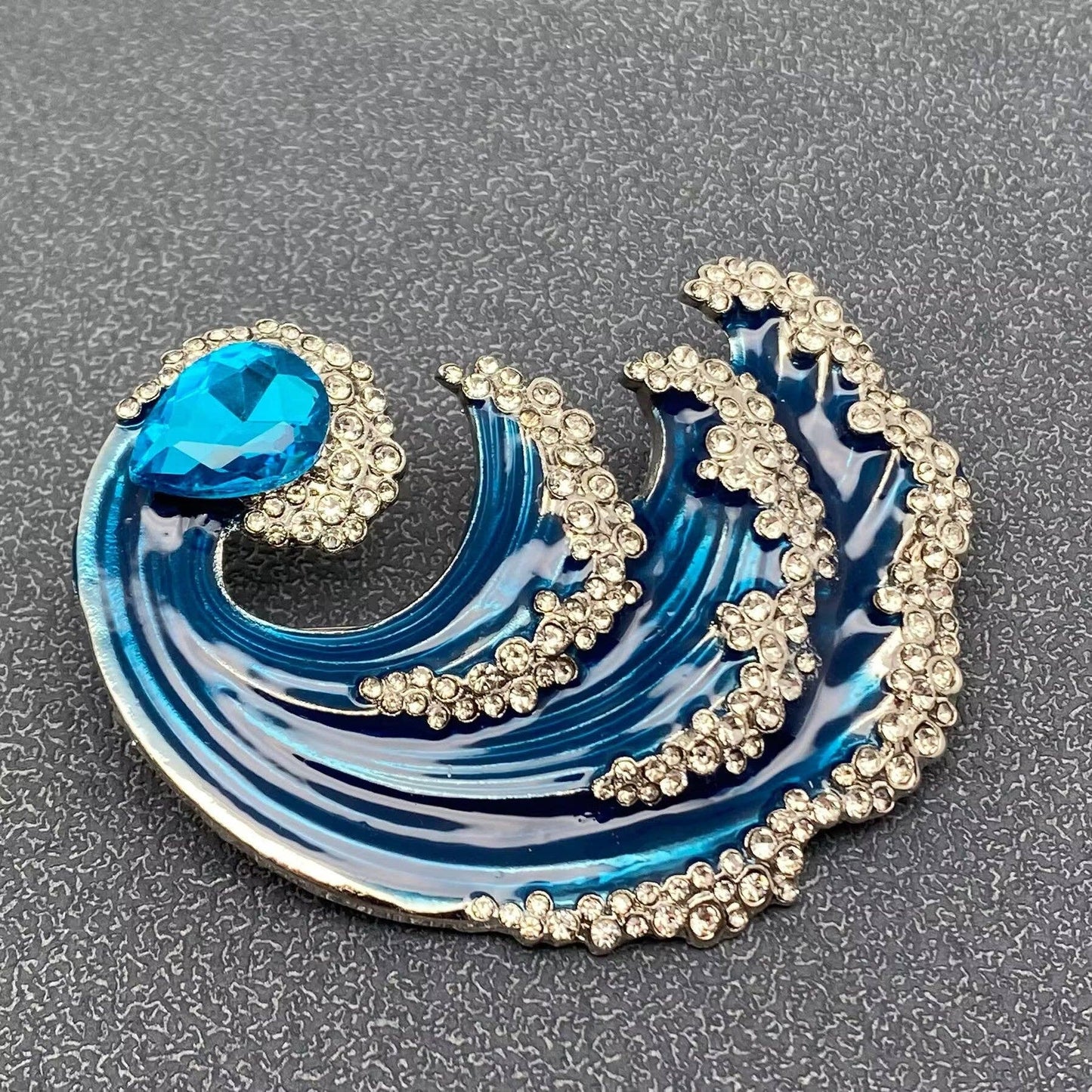 Rhinestone Enamel Wave Brooch