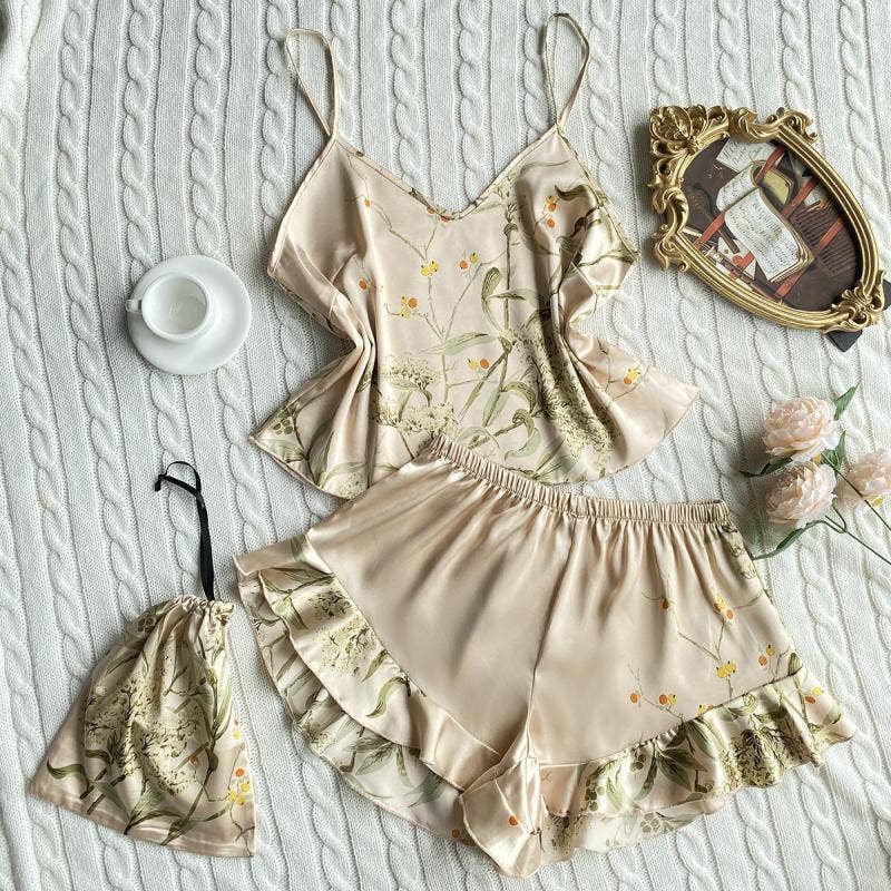 Women Fashion Printed Silk Pajamas Two-Piece Set: Green Cherry / XL