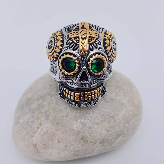 Titanium Steel Men's Retro Carved Cross Skull Ring - MJ/MR: 7#