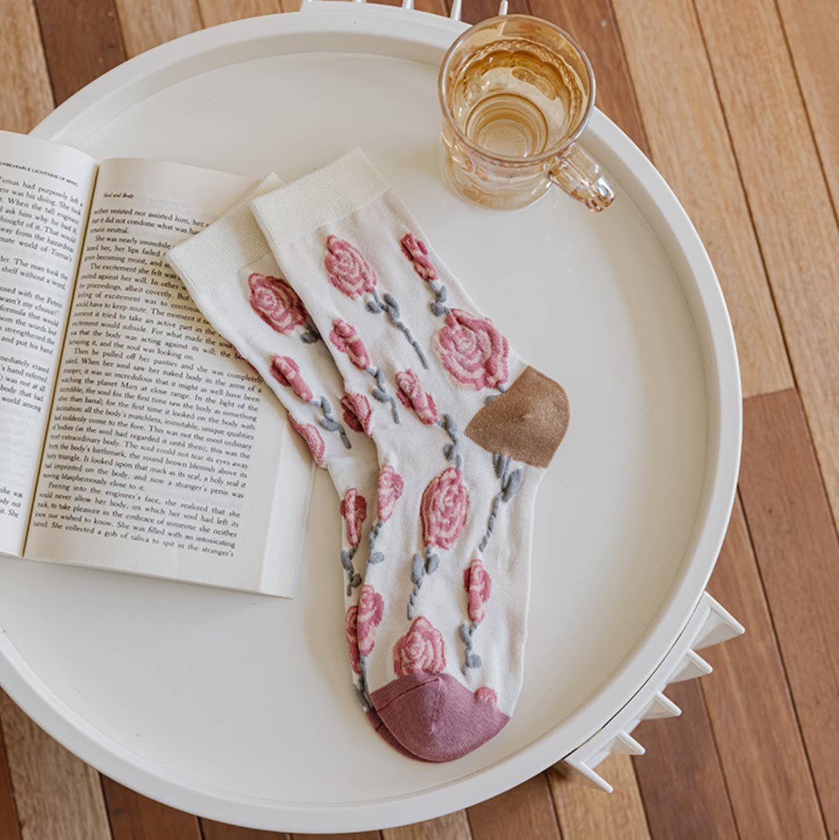 JCS015 White-Pink Floral Spring/Summer Socks: Assorted 4 pair per pack/ 1 pattern per pair/ min. 5 packs 20 pairs