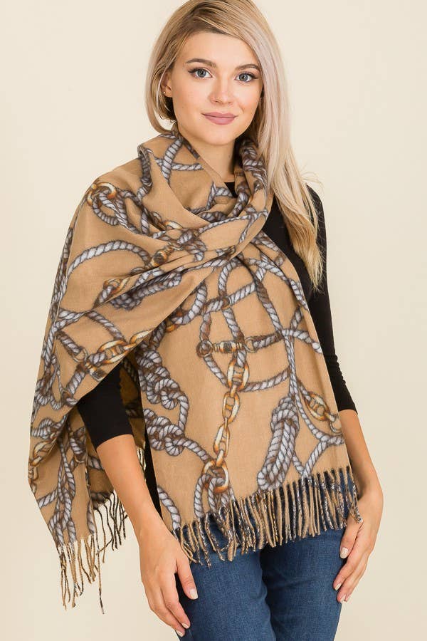 Chain and Rope Printed Cashmere Felt Fringed Scarves: Beige