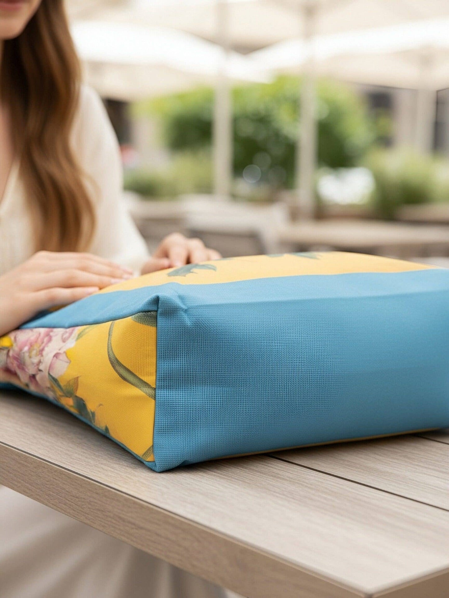 JCB16 Teal-Yellow Peony Luxury Thick Canvas Tote with Side Gusset