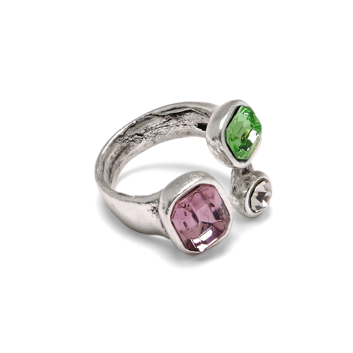Handmade  Green Pink Crystal Brass Ring - 6986