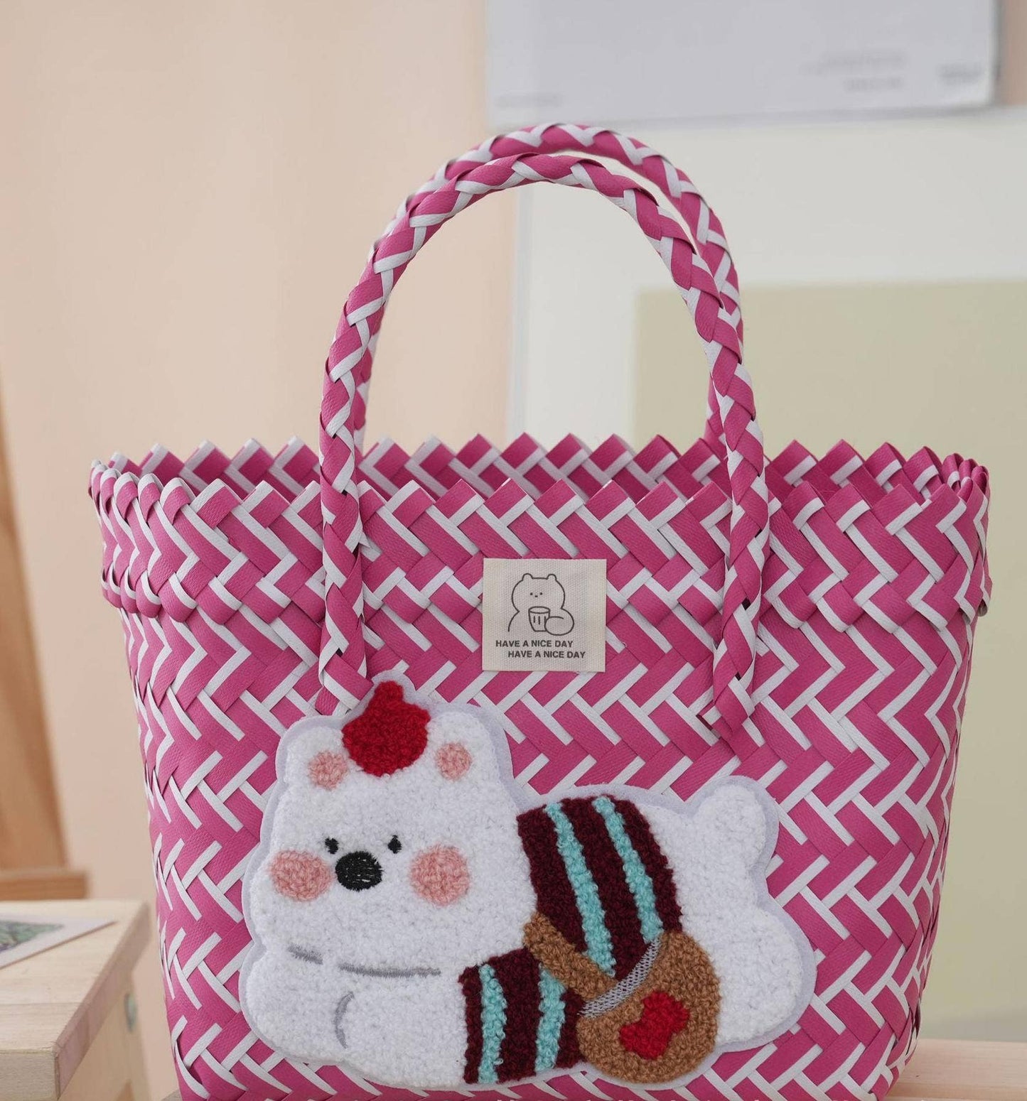 Dachshund Dog PVC Woven Handbag Beach Picnic Basket: Blue / M