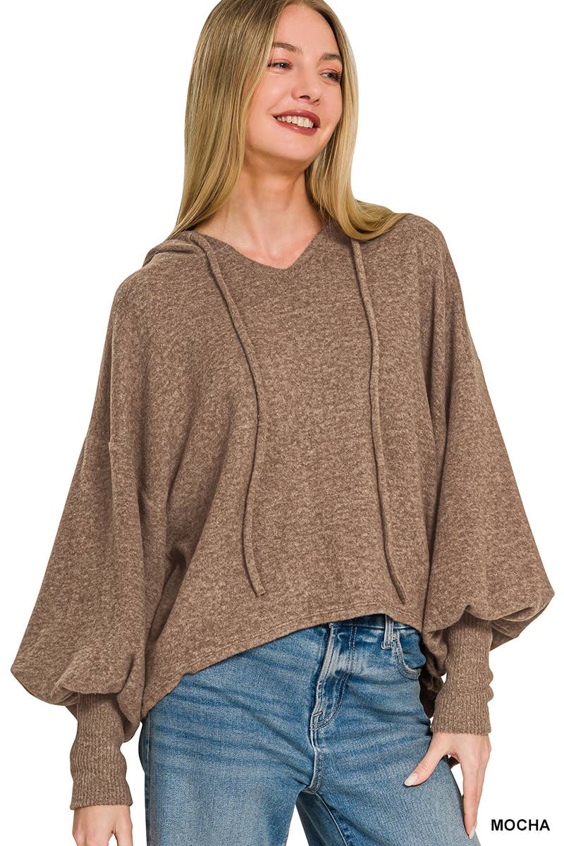 Soft Brushed Hacci Cropped Balloon Sleeve Hoodie Zenana: DUSTY BLUE-201630 / L/XL
