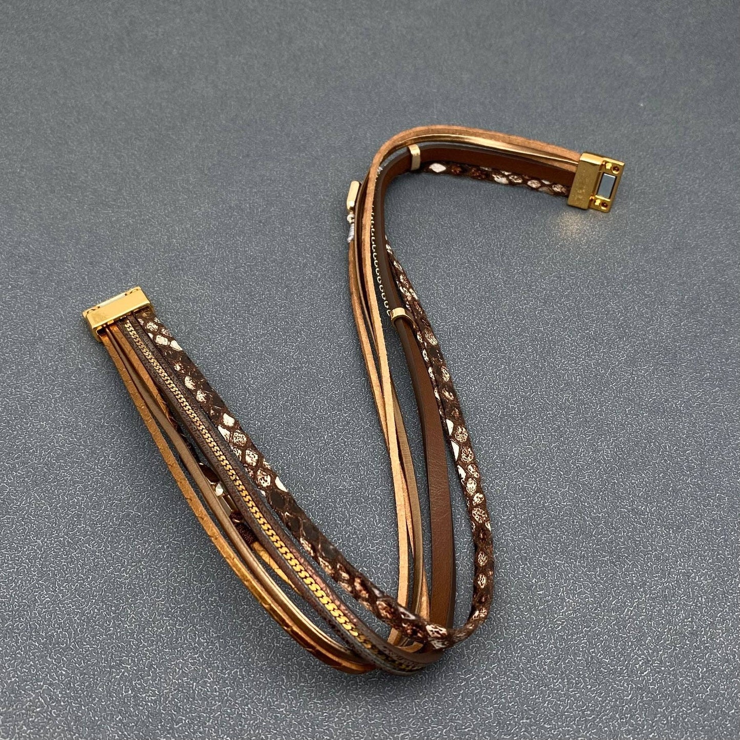 Crystal Charm Snakeskin Multi-Layer Leather Bracelet - LB