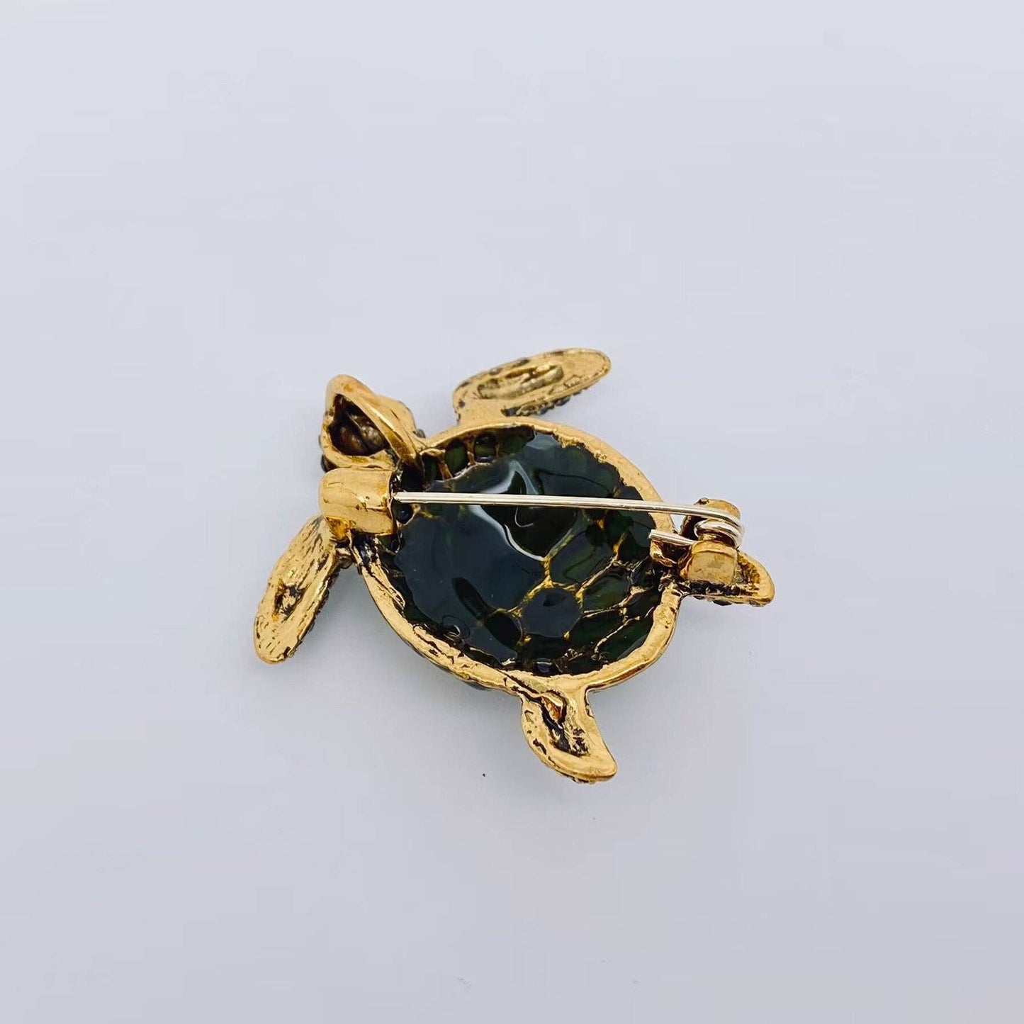 Enamel Green Rhinestone Turtle Brooch