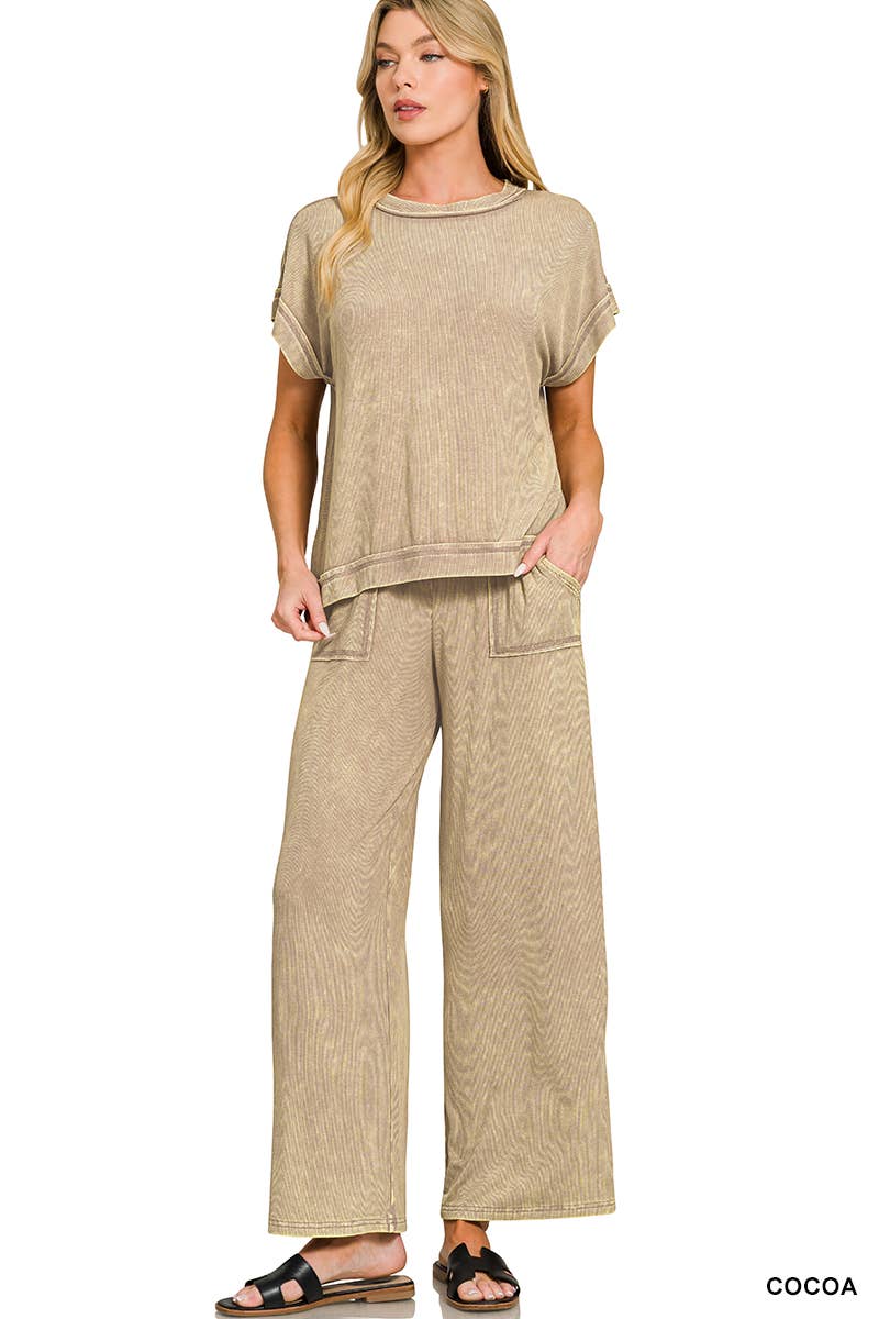 `Ribbed Washed Rayon Top & Pants Set Zenana: ASH MOCHA-186685 / L