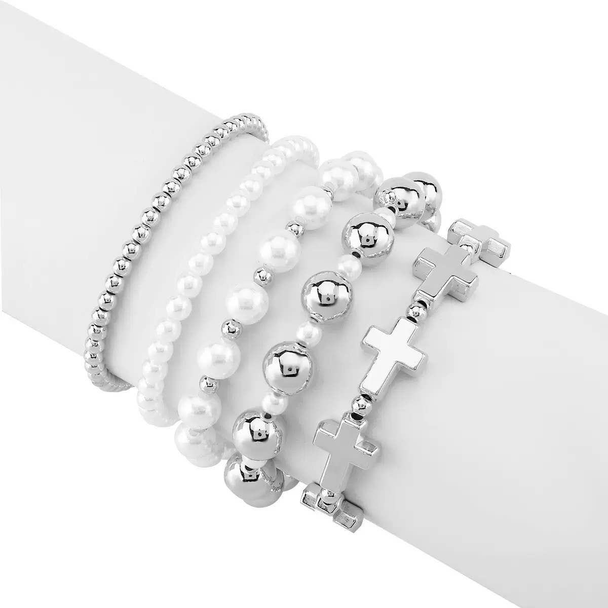 Cross Beaded Bracelet Stack with Cross Charm for Women