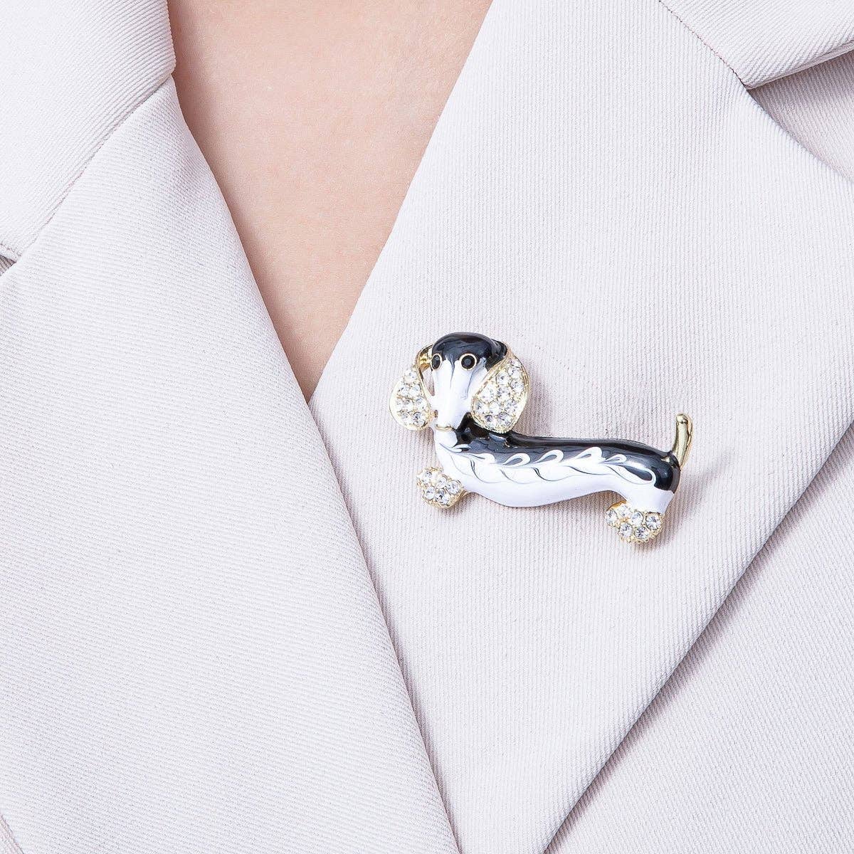 Vintage Gold 44.2mm x 24.2mm Micro Paved CZ Dachshund Wiener Dog Puppy Pet Brooch Pin | BH-014