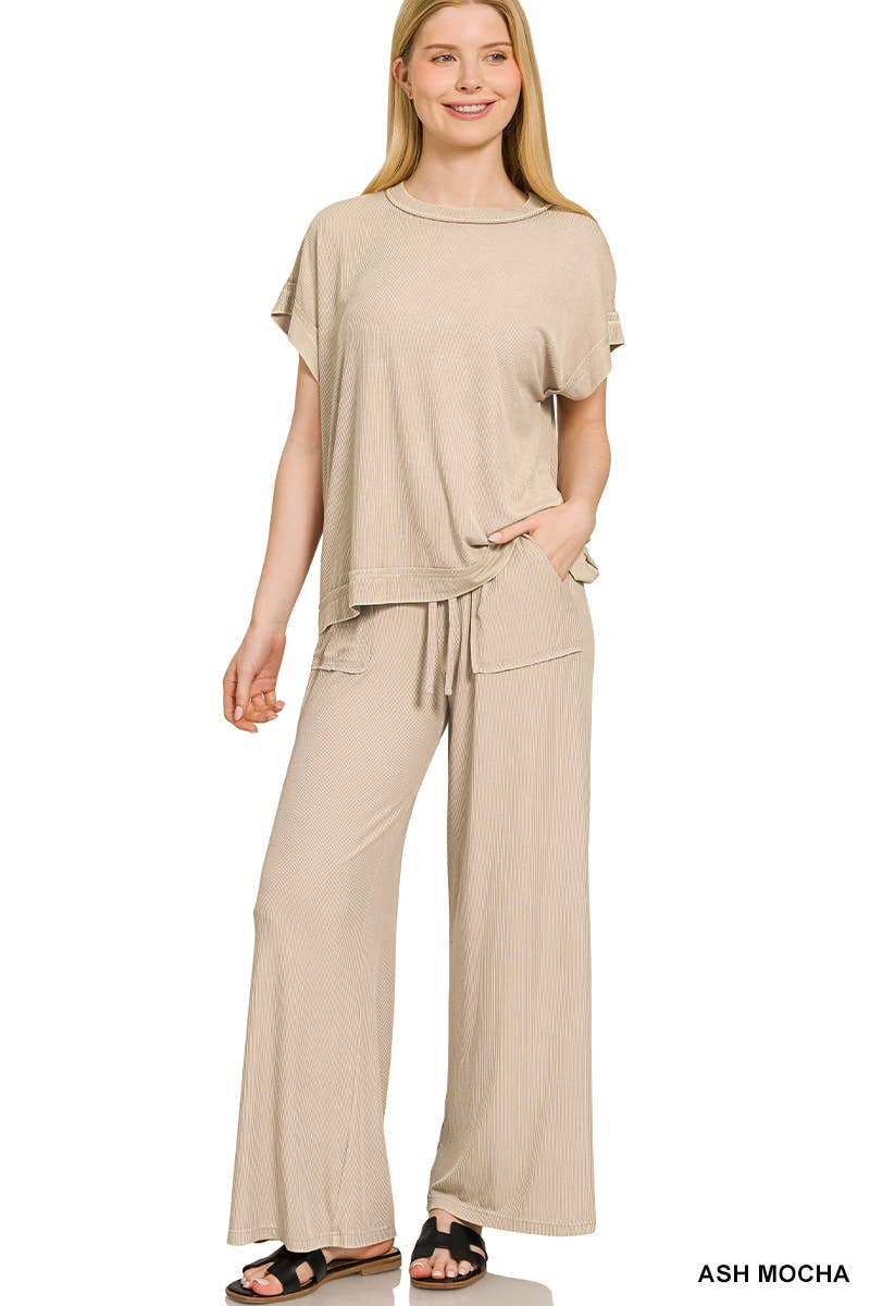`Ribbed Washed Rayon Top & Pants Set Zenana: ASH MOCHA-186685 / L