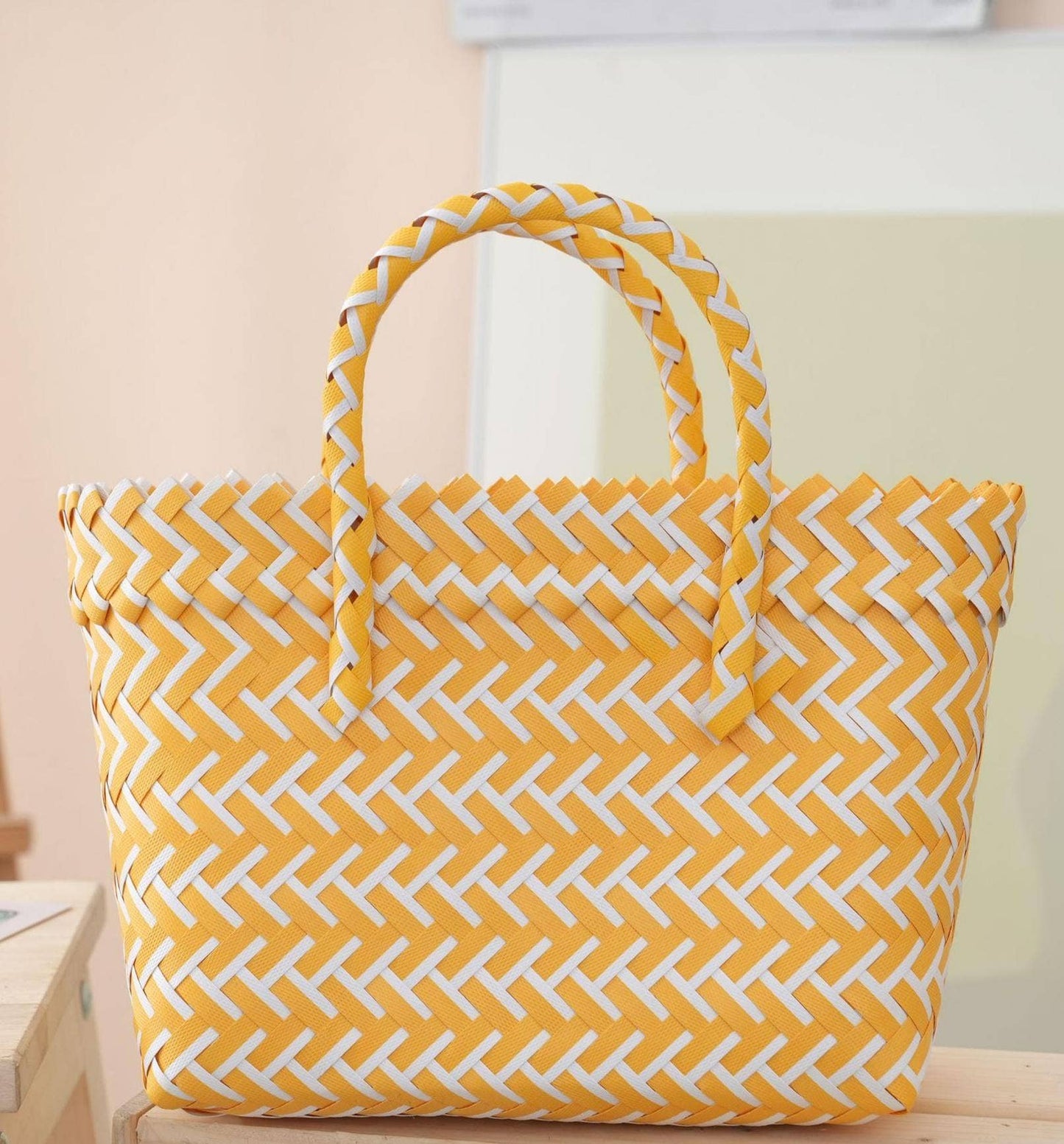 Dachshund Dog PVC Woven Handbag Beach Picnic Basket: Blue / M