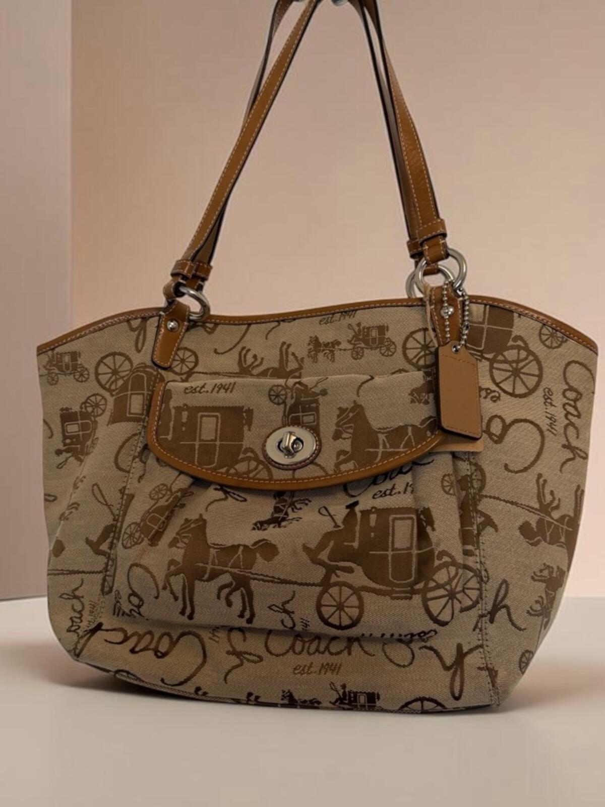 Coach Y2K 2009 Tan Signature Canvas Tote with Carriage Print