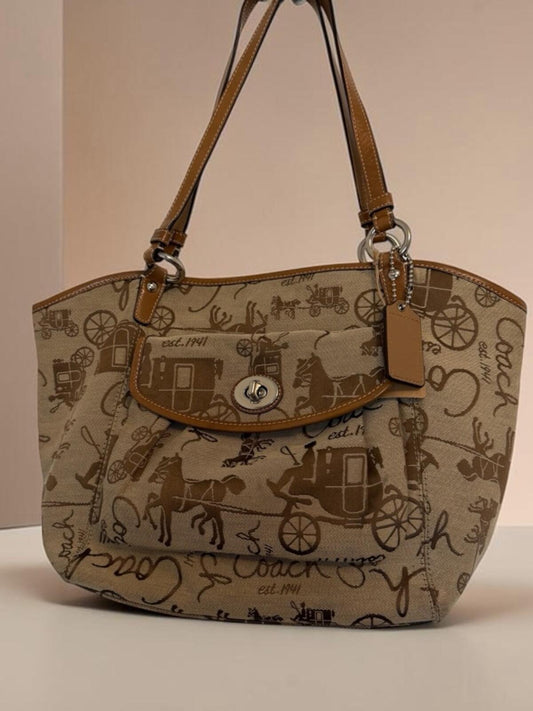 Coach Y2K 2009 Tan Signature Canvas Tote with Carriage Print