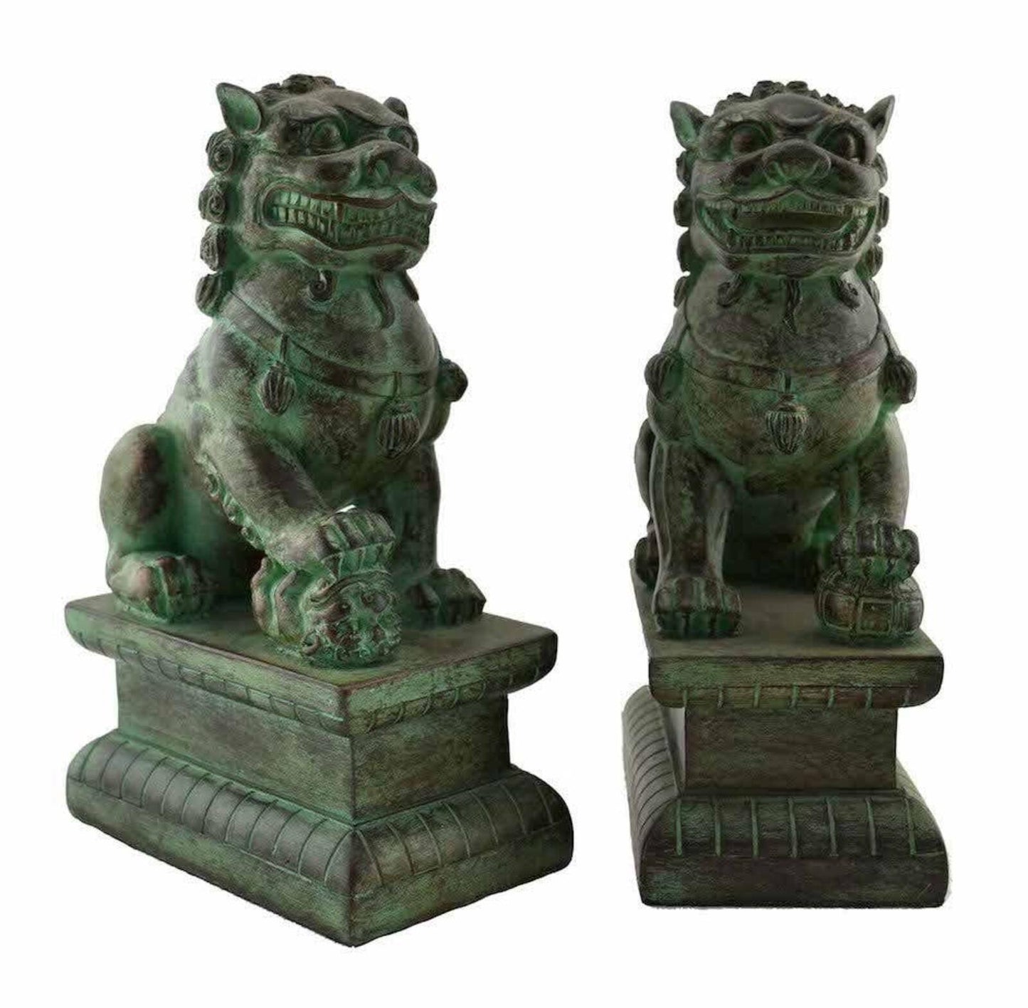 Pair of Khaki Fu Dog Figurines - Protective Guardian Statues