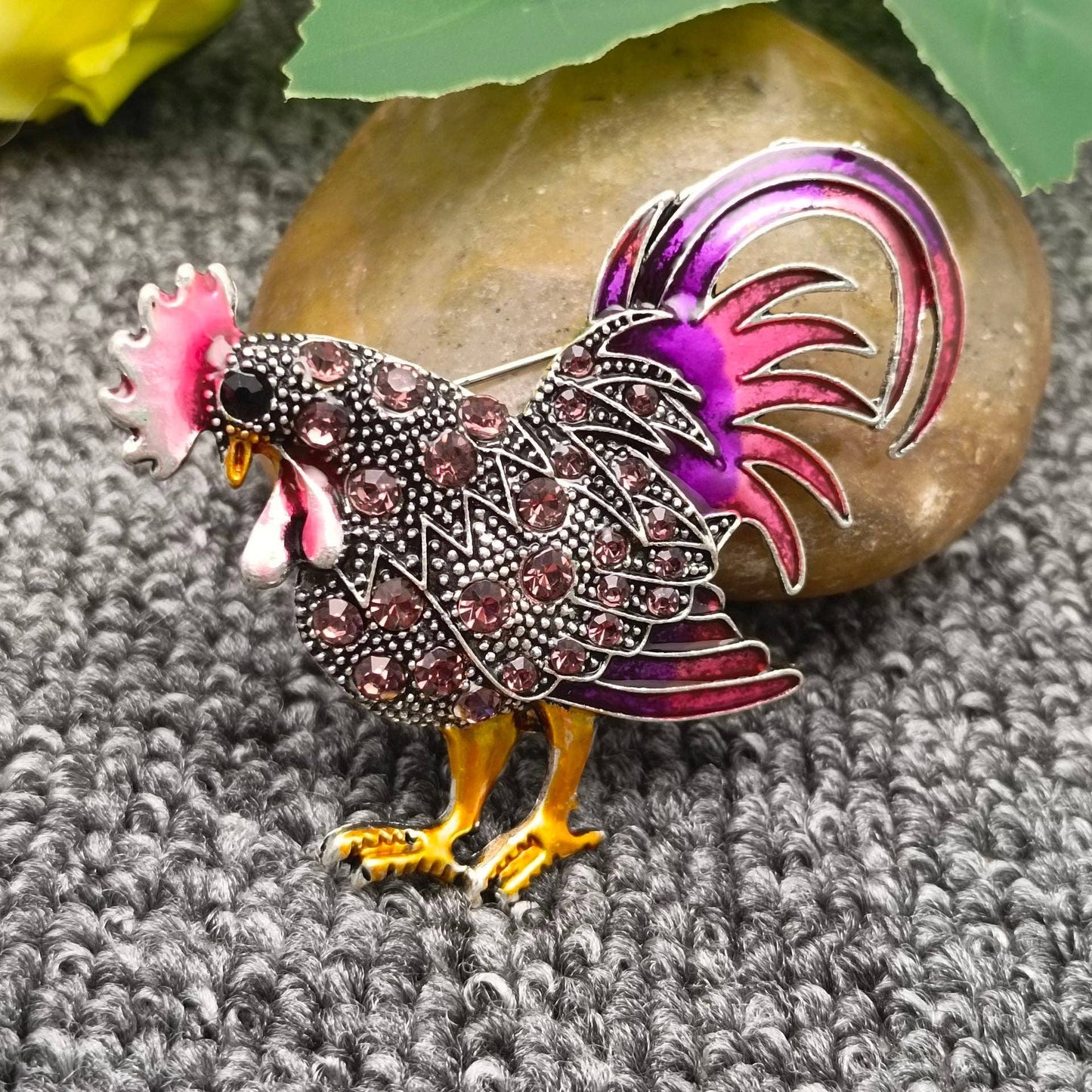 Colored Rhinestone Enamel Rooster Brooch: Purple