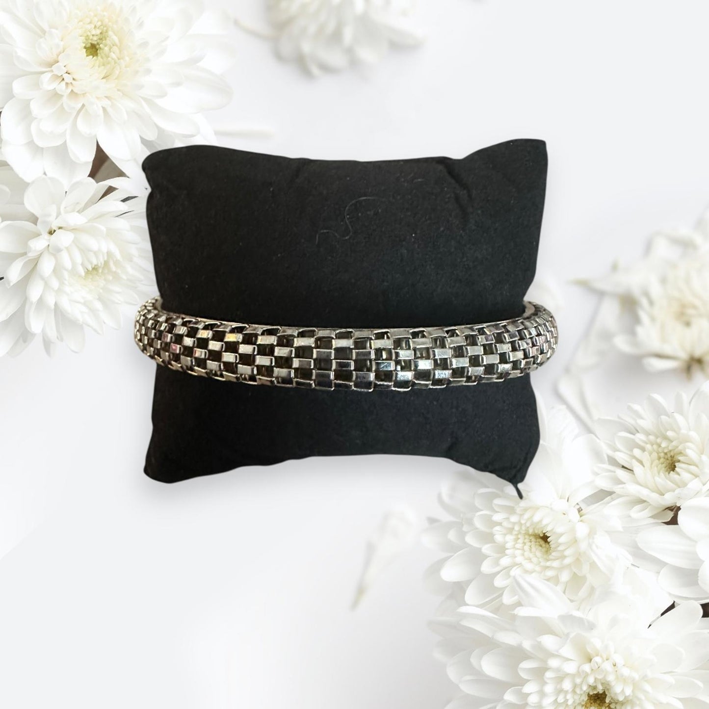 Elegant SilverTone Checkered Bracelet • Geometric Pattern