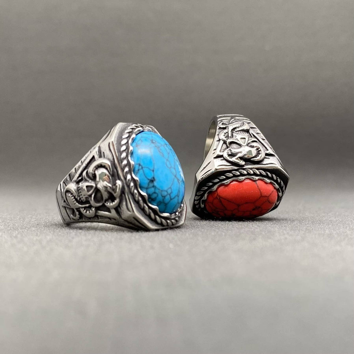 Turquoise Inlaid Skull Men's Stainless Steel Ring - MJ/MR: Blue / 10