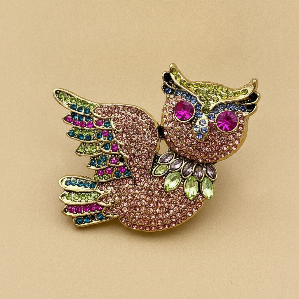 Rhinestone Flying Owl Brooch