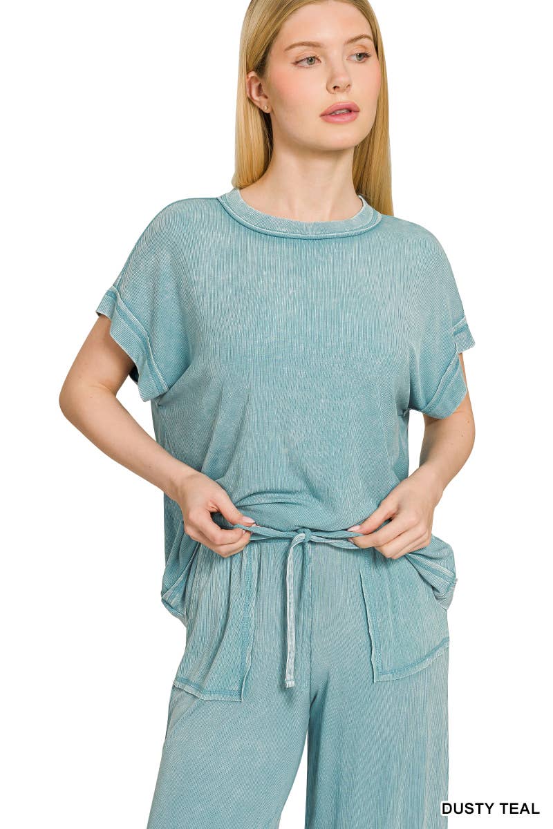`Ribbed Washed Rayon Top & Pants Set Zenana: ASH MOCHA-186685 / L