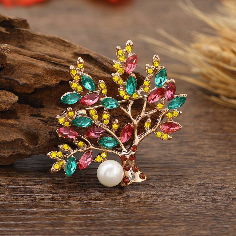 Fashion Pearl Crystal Tree of Life Brooch Creative Plant Vintage Rhinestone Pin: Large Champagne