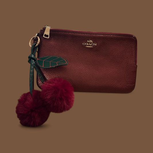 Coach Women's Leather Wristlet Clutch with Pom Pom Charm