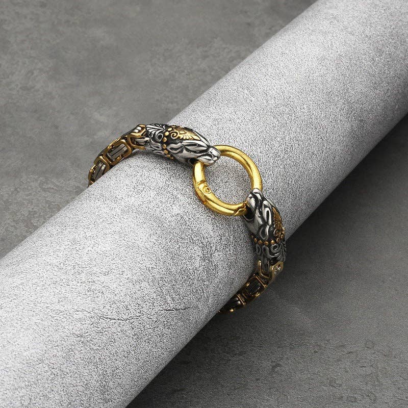 Viking Dragon Titanium Steel Bracelet Retro Punk Jewelry for Men: Gold / 23cm