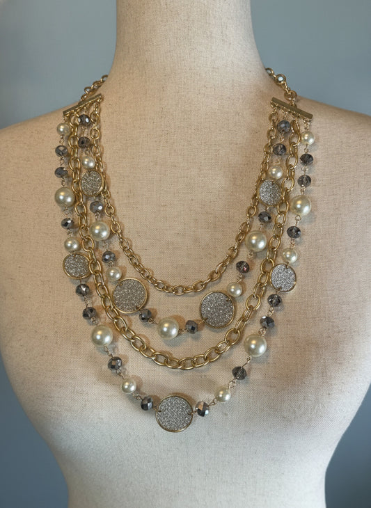 Multi-Strand Gold Tone Necklace with Pearl and Bead-