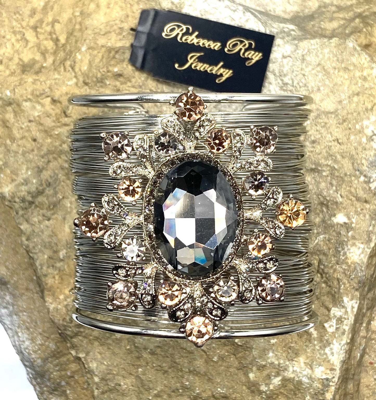 Boho Floral Cuff Statement Bracelet with Crystal Stone : Black