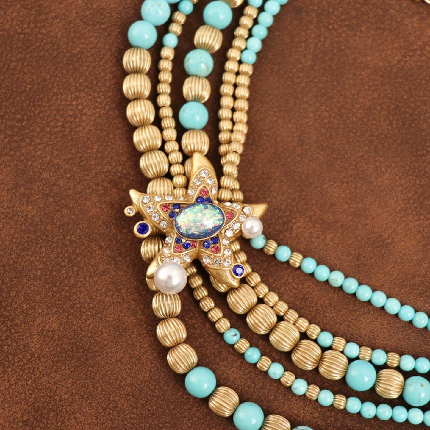 Vintage Gold-Plated Turquoise&Crystal Multi-Layer Necklace