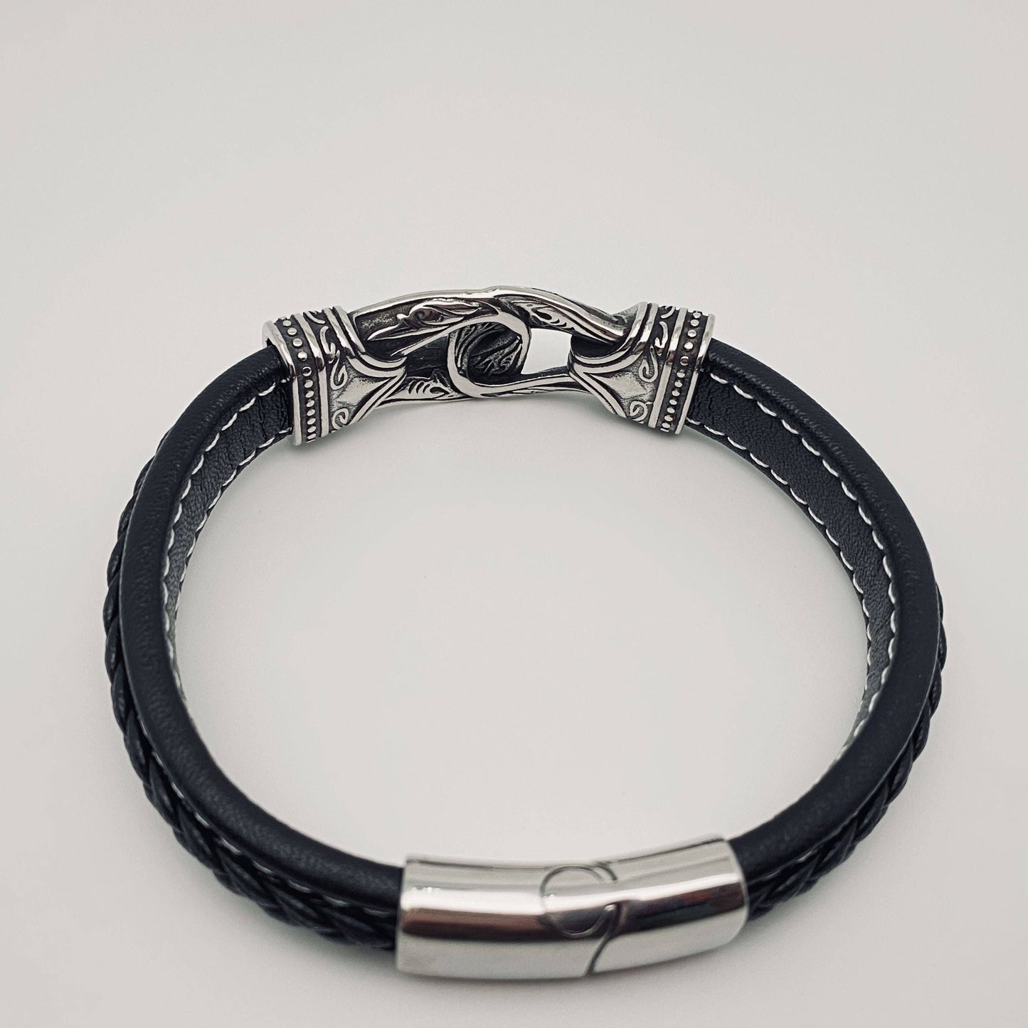 Men's Stainless Steel Carved Leather Viking Bracelet - MJ/BC: 24cm