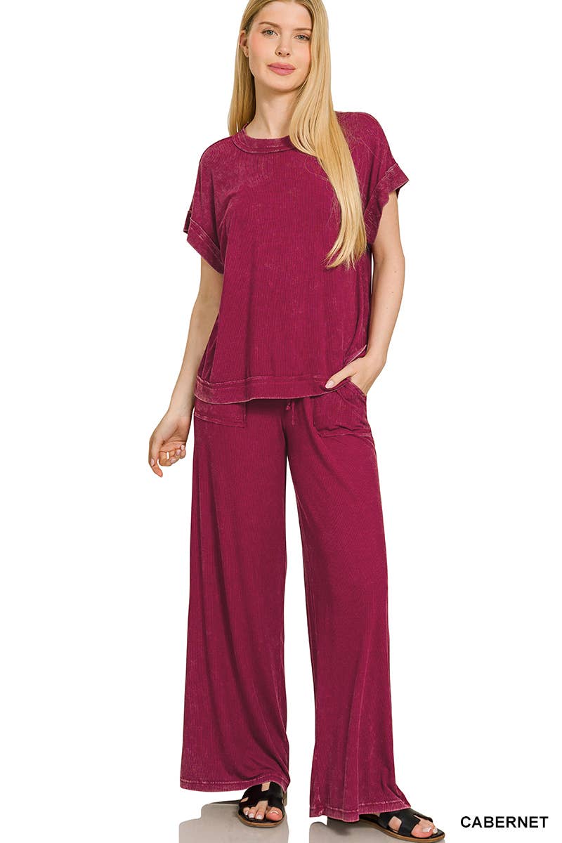`Ribbed Washed Rayon Top & Pants Set Zenana: ASH MOCHA-186685 / L