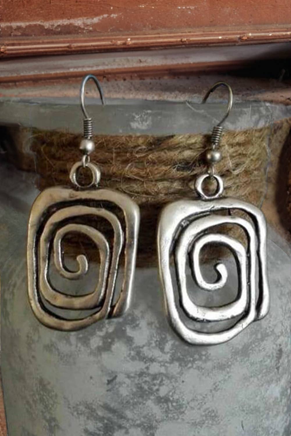 Vintage Square Swirl Hook Earrings: Silvery