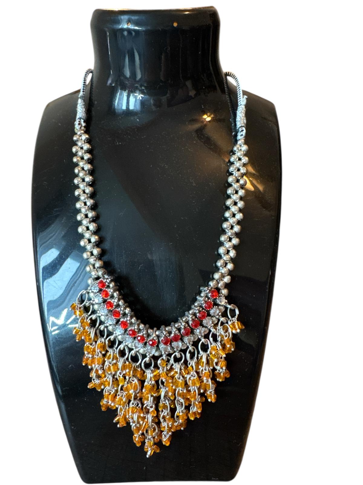 Elegant Necklace and Earrings Set with Amber and Red Accents
